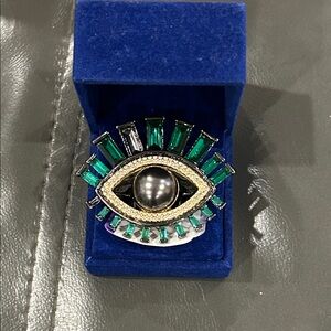 Kurt Geiger Green and Black Eye-Shape Statement Brooch with Gold Pavé